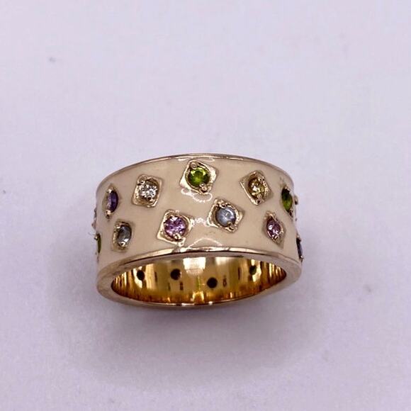 Sterling Silver Gold Vermeil Enamel Wide Band Ring With CZ Crystals - Picture 3 of 6